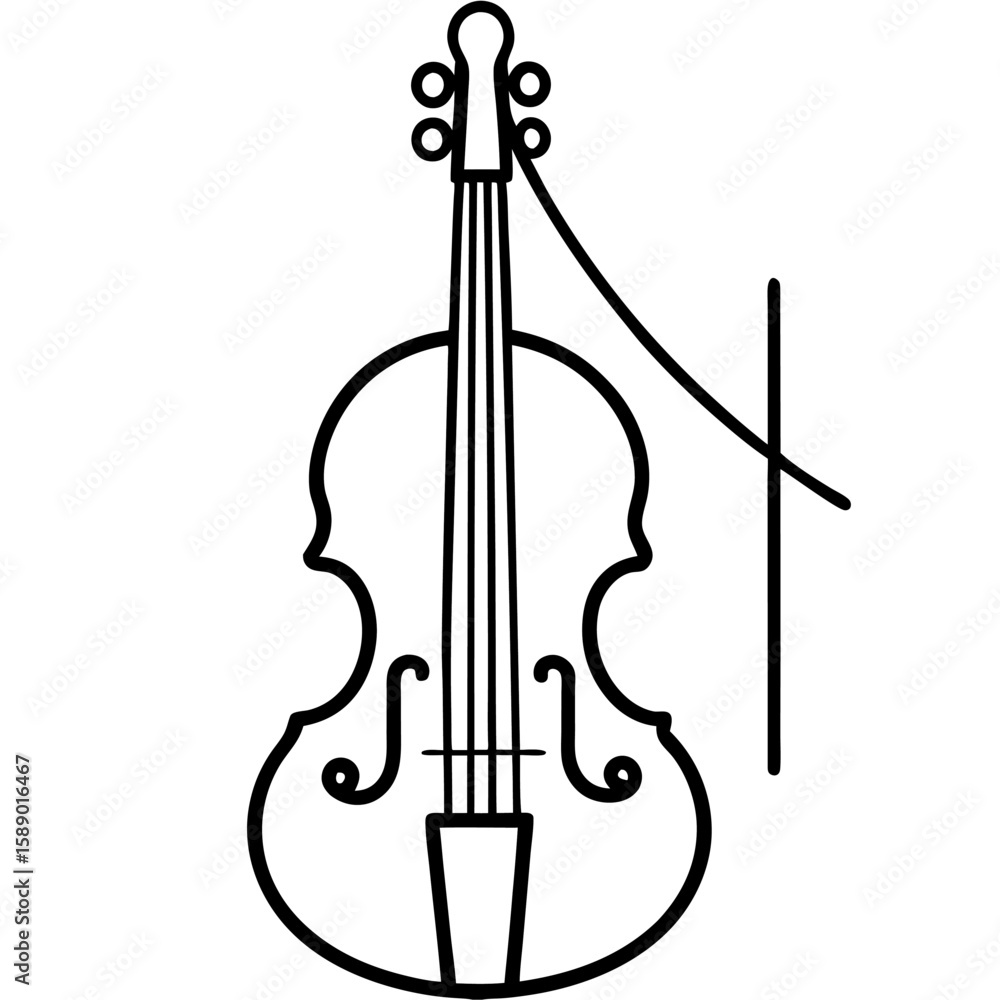 Fototapeta premium Elegant line art of a cello with strings and bridge isolated on white background