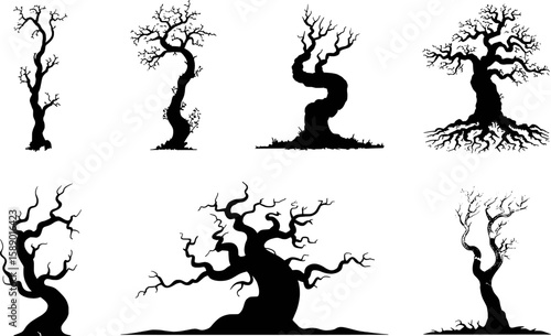 Twisted gnarled bare ancient trees with intricate branches and roots silhouette