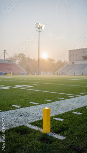 Morning football field with yellow goal post and stadium lights  
