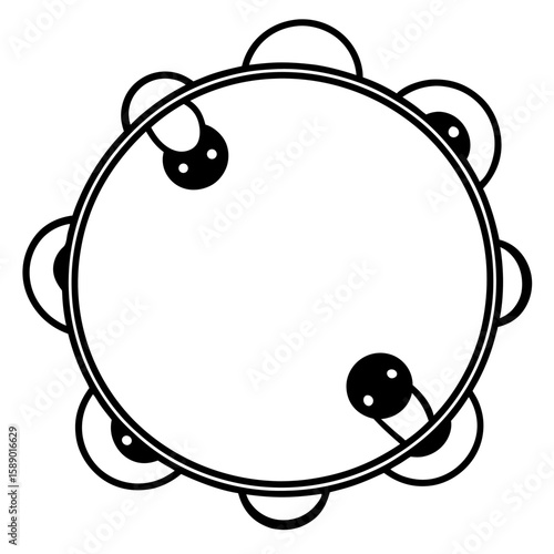 Simple black line art illustration of a tambourine with jingles isolated on white background