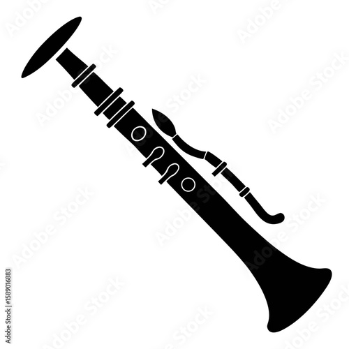 Black silhouette of a musical clarinet instrument isolated on white background
