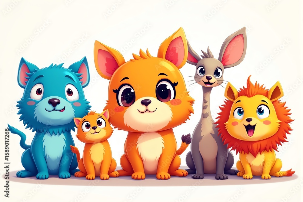 Adorable cartoon animals: a blue dog, orange puppy, orange kitten, gray cat, and a lion cub, sitting together against a white background. Perfect for children's books or websites. Adorable cartoon animals: a blue dog, orange puppy, orange kitten, gray cat, and a lion cub, sitting together against a white background. Perfect for children's books or websites.