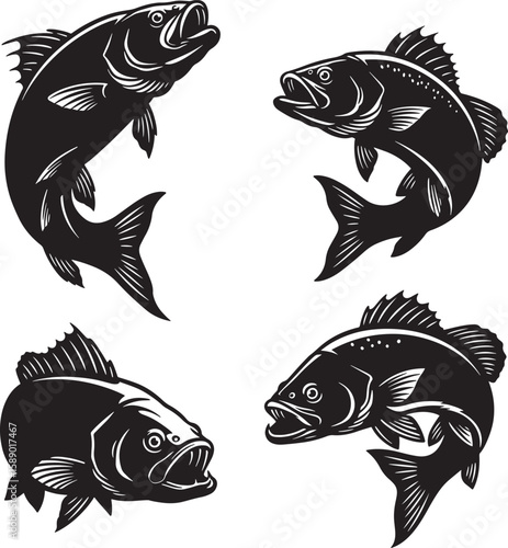 Fish jumping bass trout salmon walleye silhouette vector illustration
