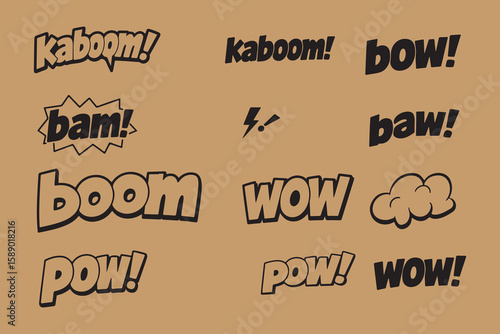 Collection of comic book sound effect words like kaboom bam boom pow wow and baw on a brown background