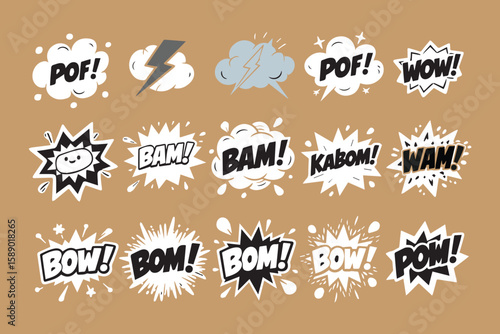 A collection of comic book style sound effect words like pof wow bam kabom wam bow and pow