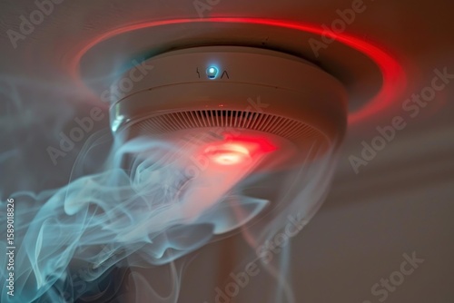 Smoke is triggering a smoke detector fixed on a ceiling, activating the alarm system and the red light