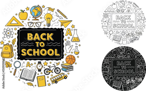 Back to school vector illustration with school supplies and education elements for kids and students design vector