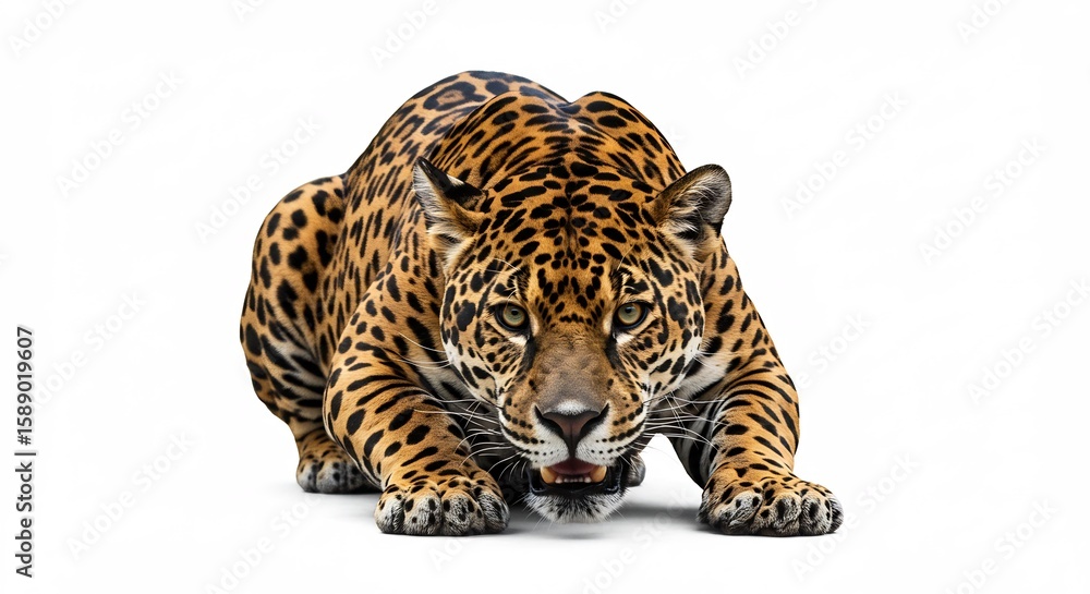 Obraz premium Kraftvoller Jaguar lauert auf weissem Hintergrund intensives Licht betont Fellmuster. AI Generated