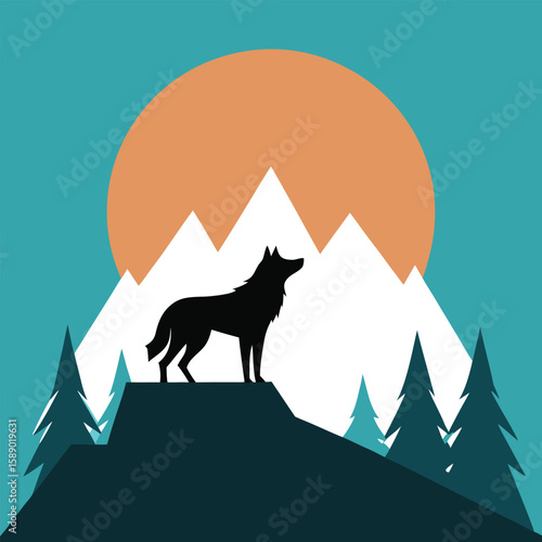 Lone Wolf on Mountain Silhouette in Wilderness Scene