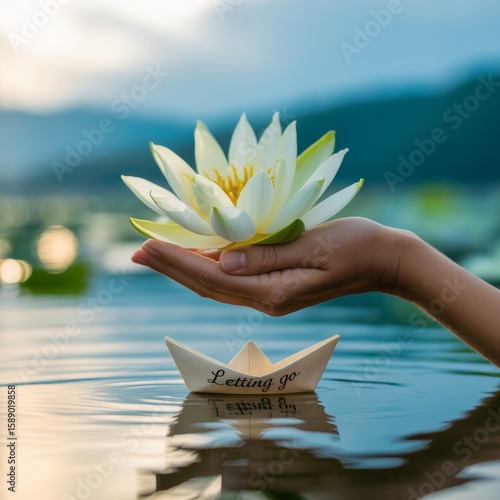 A serene image depicting a hand gently holding a white lotus flower over calm water, with a paper boat inscribed 