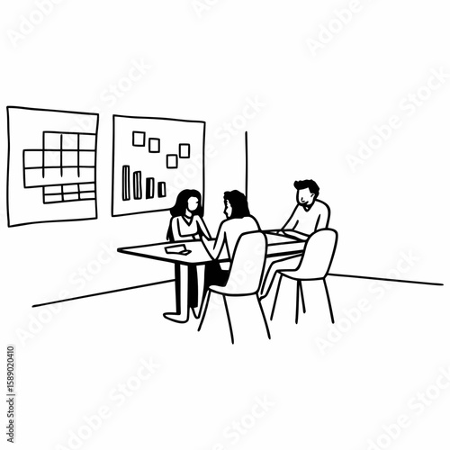 Line art drawing of a startup team brainstorming around a table, charts and sticky notes on the wall, minimalist style, monochrome, modern office background