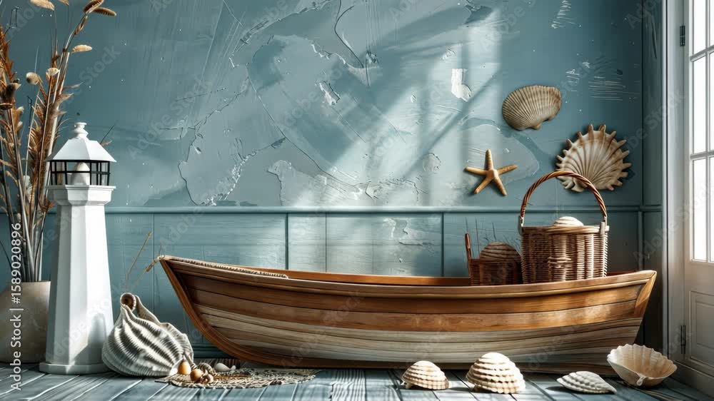 Warm sunlight fills a stylish room with a wooden boat and natural accents, showcasing seaside charm and tranquility throughout the space