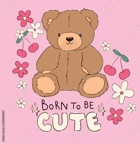Cute teddy bear and cherry vector hand drawn illustration cute print design for kids 