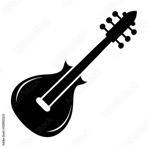 Elegant black silhouette of a traditional indian sitar musical instrument isolated on white background