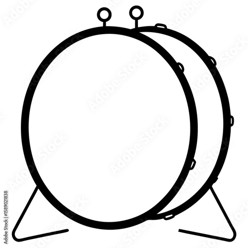 Line art illustration of a bass drum with pedal and hoop isolated on white background