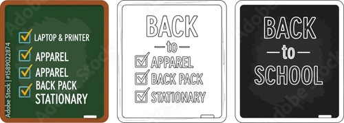 Back to school checklist: laptop, printer, apparel, backpack, stationary essentials for students sale vector