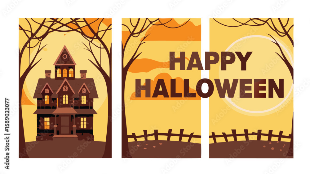 Fototapeta premium Three halloween themed panels featuring a haunted house, happy halloween text, and a fence scene with moon