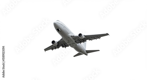 Flugzeug steigt kraftvoll auf weissem Hintergrund auf. AI Generated