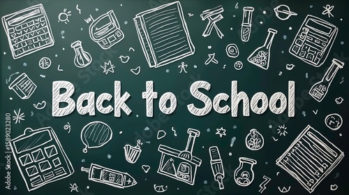 Illustration of a chalkboard with educational doodles, great for back to school concept on green board, fun learning environment