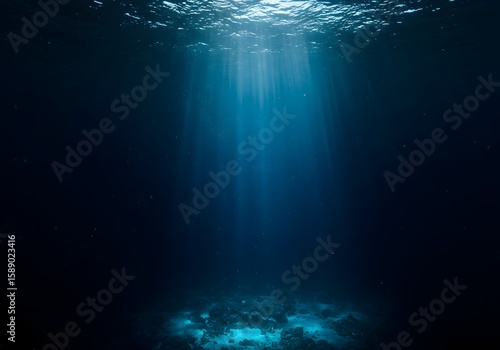 Deep Ocean Sunlight Beams, Underwater Dark Blue Seascape Background, Sun Rays, Marine Life, Sea Texture