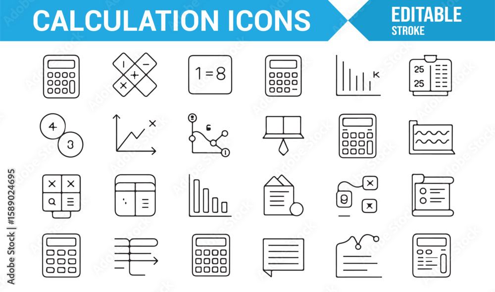 Fototapeta premium Icons for calculation and data analysis, including calculators, graphs, and financial tools.