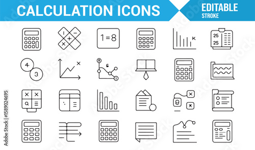 Icons for calculation and data analysis, including calculators, graphs, and financial tools.