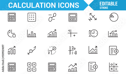 Icons for calculation and data analysis, including calculators, graphs, and financial tools.