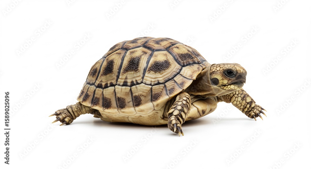 Naklejka premium Petite tortue avance lentement fond blanc lumiere douce. AI Generated