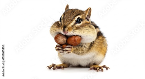 Adorable petit ecureuil gourmand mange noisettes fond blanc lumière douce. AI Generated