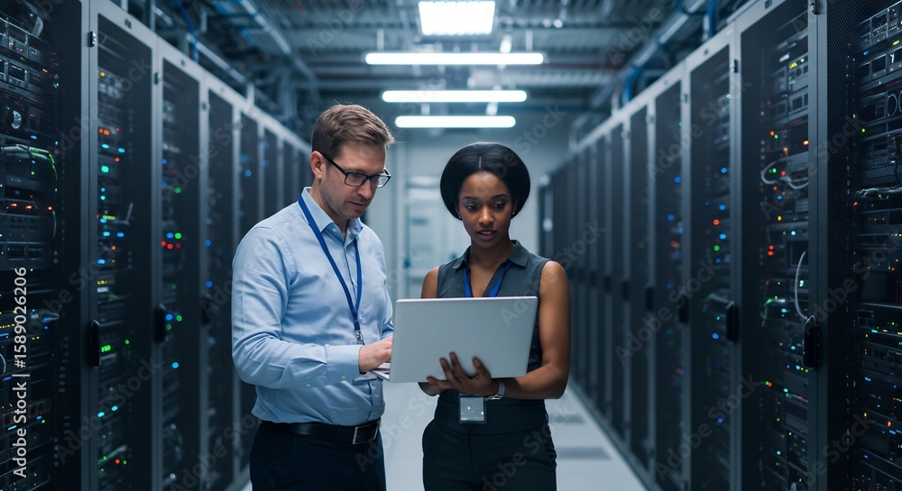 Fototapeta premium Two Diverse IT Professionals Collaborate on a Laptop in a Modern Server Room Data Center