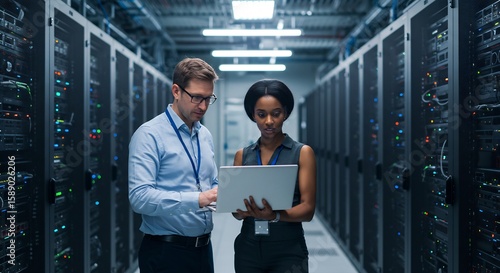 Two Diverse IT Professionals Collaborate on a Laptop in a Modern Server Room Data Center