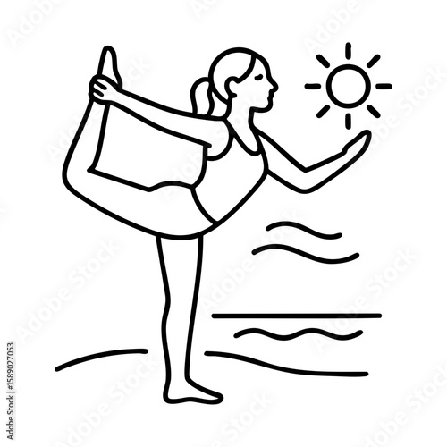 Dancer pose yoga on beach with sun, symbolizing balance and grace