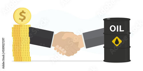 Business deal, agreement. Handshake between oil barrel and gold coins. Sale of petroleum products and fuels. Oil industry, commodities market, seller and buyer shake hands