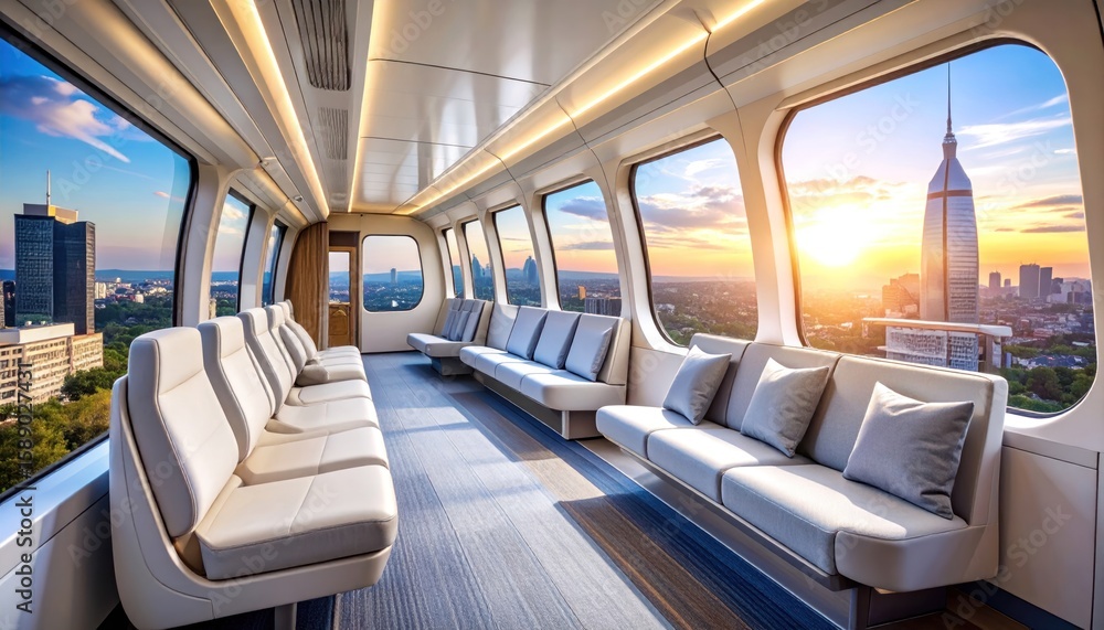 Obraz premium Modern Interior of a Transportation Vehicle with City View at Sunset Featuring Rows of Comfortable Seats and Large Windows