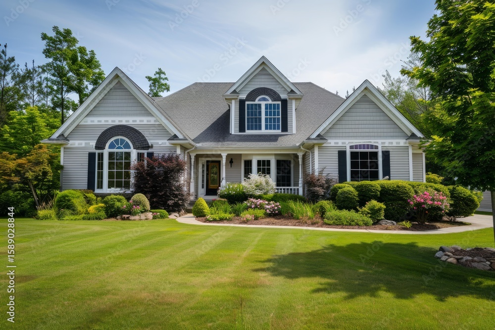 Obraz premium Large family house with well kept lawn and garden on a sunny summer day