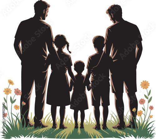 Two fathers holding hands with their two children in a field of flowers