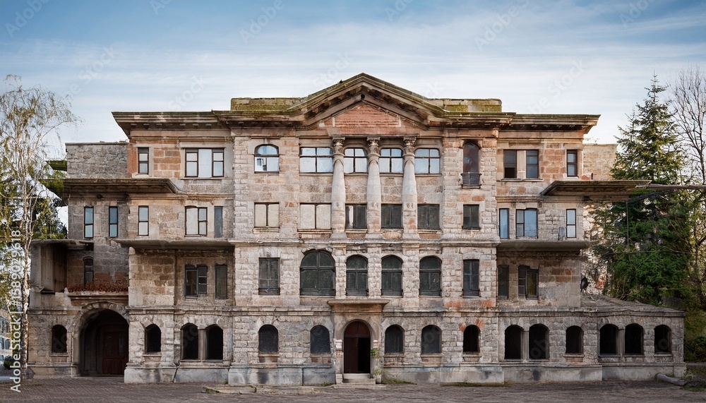 Obraz premium facade of old stone building unfinished frontal view