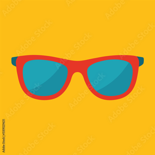 Stylish red sunglasses with blue lenses illustrated on a vibrant yellow background