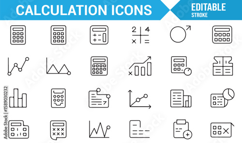 Icon set of digital calculation tools, including calculators and charts for finance and statistics.