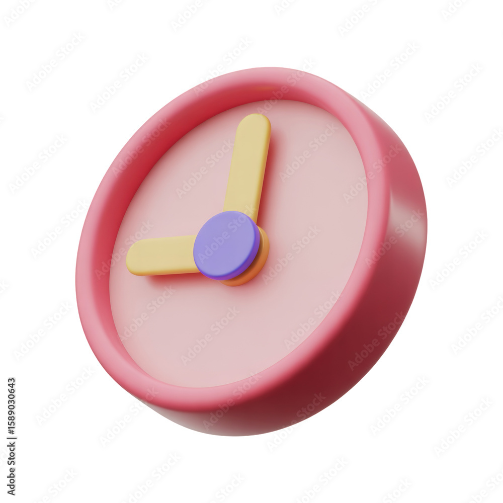Abstract 3d pink clock with yellow hands and purple center on black background for unique design Abstract 3d pink clock with yellow hands and purple center on black background for unique design