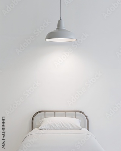 Overhead hospital light creating flat soft edge shadow below bed on plain white background