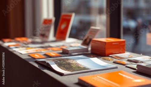 Orange and white promotional materials with business logo and contact info on table in office setting