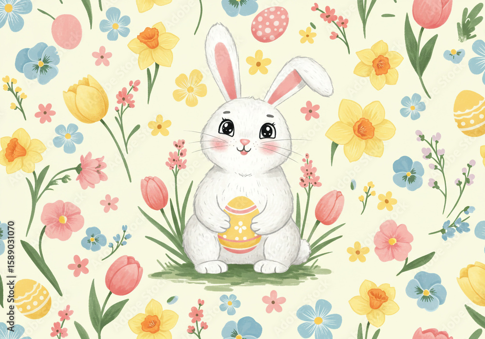 Obraz premium Bunny Bloom – Springtime Easter Celebration with Festive Flowers and Eggs