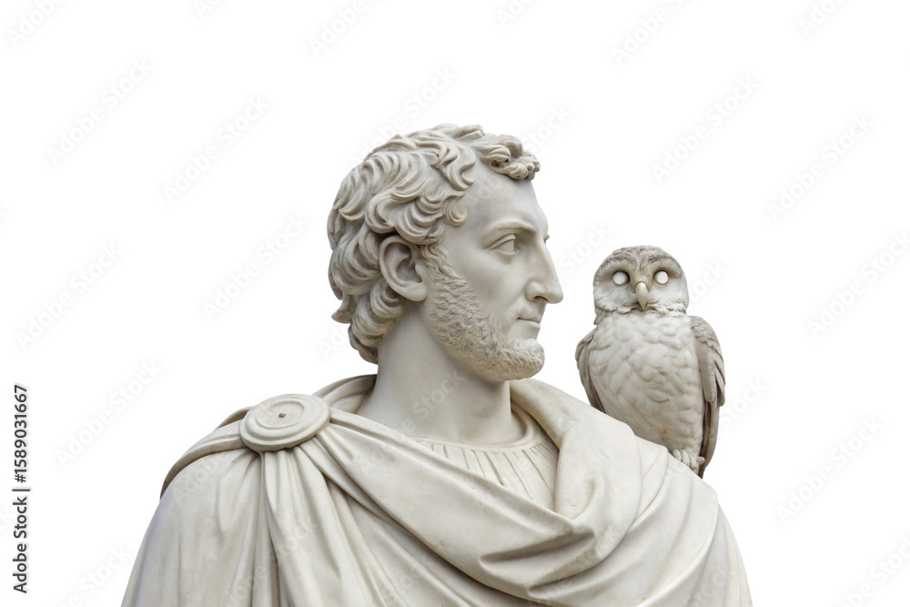 Fototapeta premium Classical marble bust of bearded man with owl perched on shoulder, isolated on a transparent background