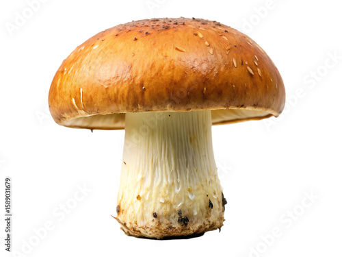 Brown capped mushroom with white stem and speckled texture isolated on a transparent background fungi