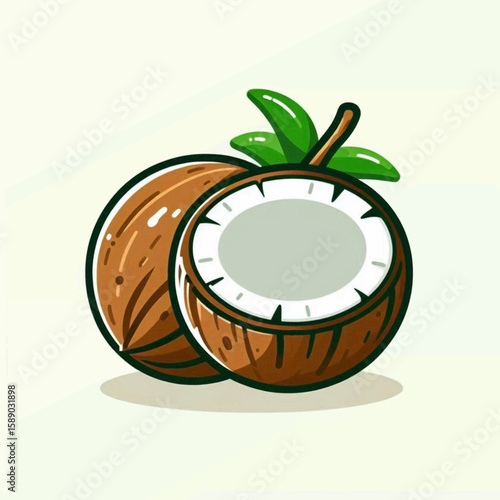 Two coconuts are visible one halved with green leaves and a light grey flesh