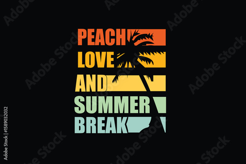 The vibrant design features the words peach love and summer break alongside a silhouetted palm tree, evoking a sense of tropical vacation and carefree summer days