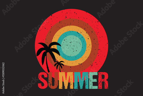 A retroinspired summer design showcases concentric circles and silhouetted palm trees, capturing the essence of a tropical vacation and sunny beach days