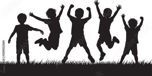Five silhouetted children jumping joyfully in the grass on a white background