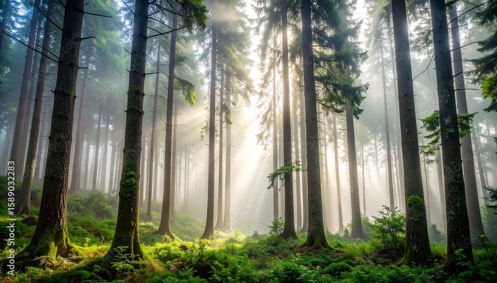 Obraz premium Dense foggy forest with towering trees, mist swirling around trunks, captured in sharp detail